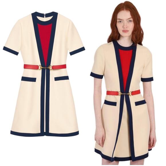 GUCCI Cady Wool Silk Mini Dress Cream Navy Red Short Sleeve NWT 2 Retail $3400 - Picture 1 of 16